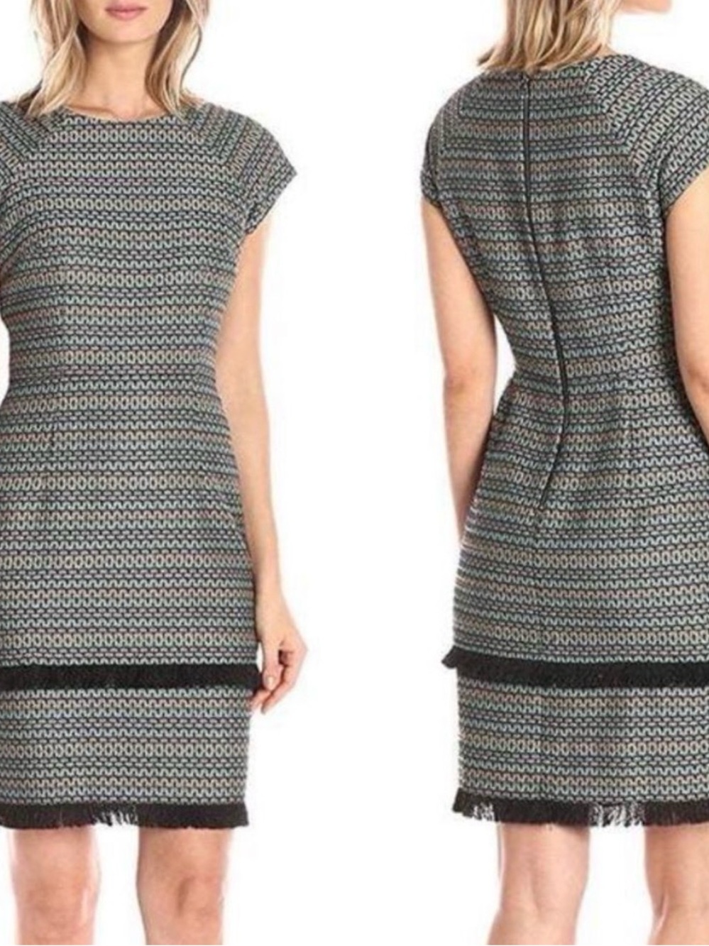 Donna Morgan Black and Cream Zigzag Knit Cap-Sleeve Sheath Dress